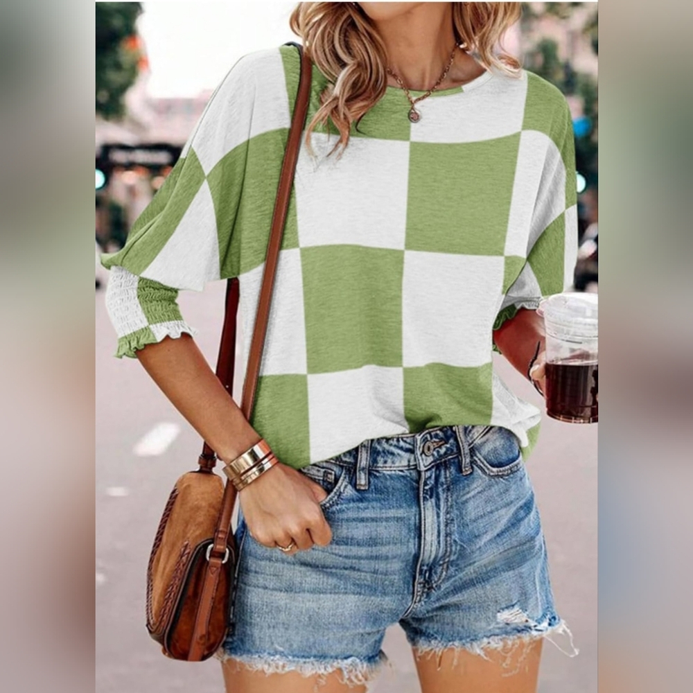 Green and White Checkered Women's Top